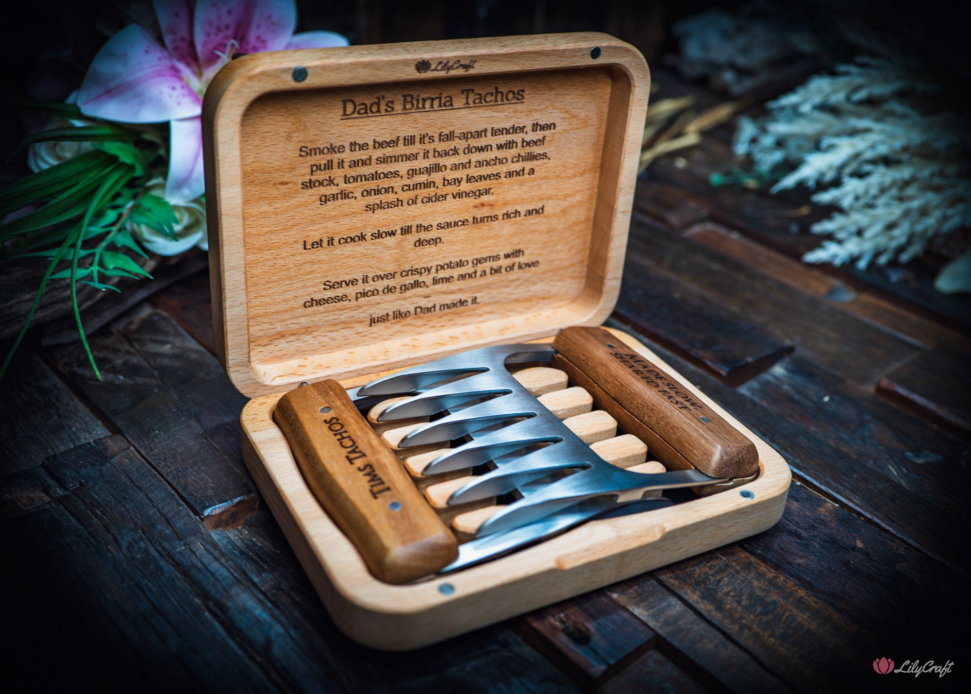 personalised bbq tool used for making pulled beef tacos