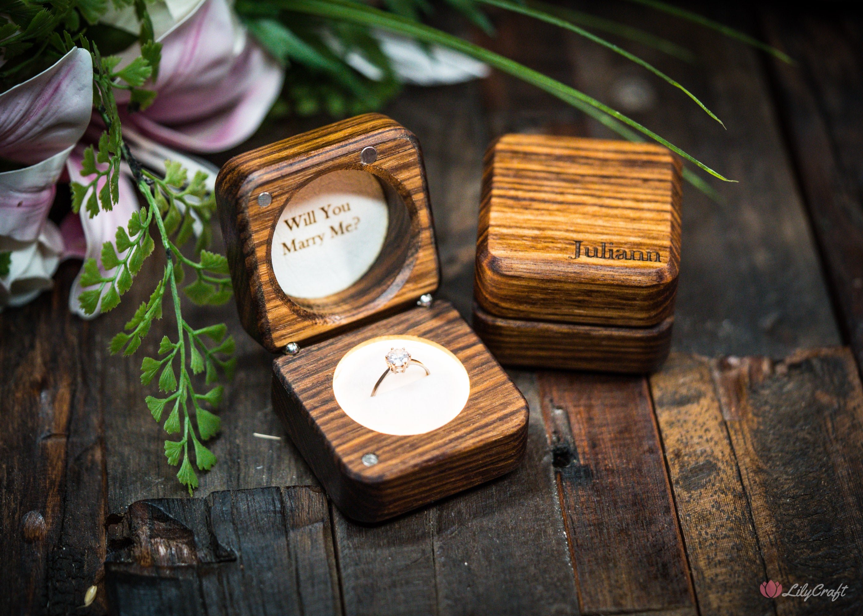 best led wooden ring box personalised