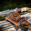 custom engraved survival knife with leather pouch, sharpening stone and ferro rod for starting fires