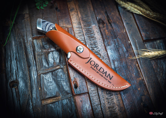 engraved full tang hunting knife with leather sheath