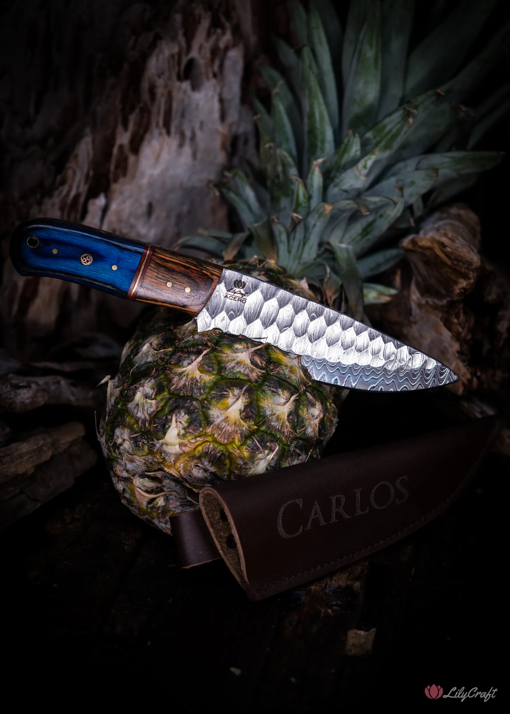 damascus hunting knife with personalized engraved holder