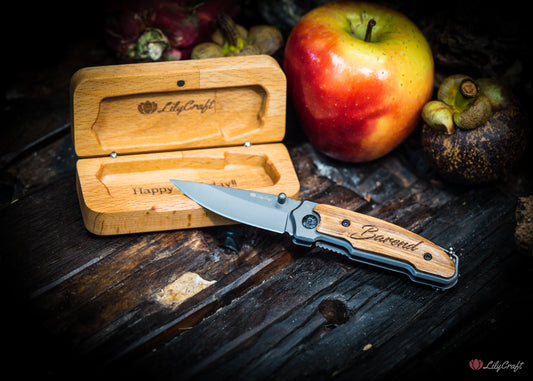 engraved pocket knife with wooden gift box