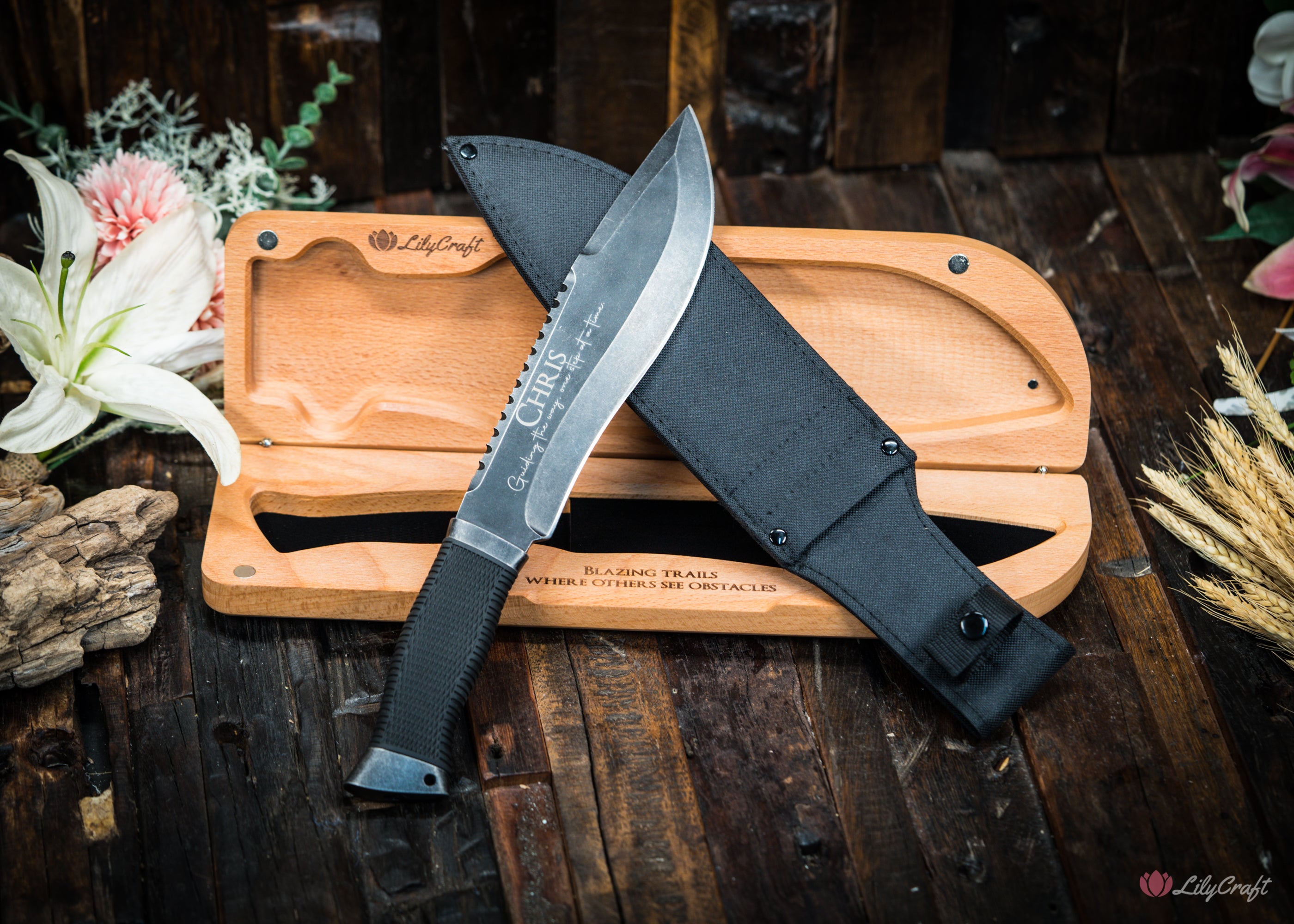 engraved machete survival knife