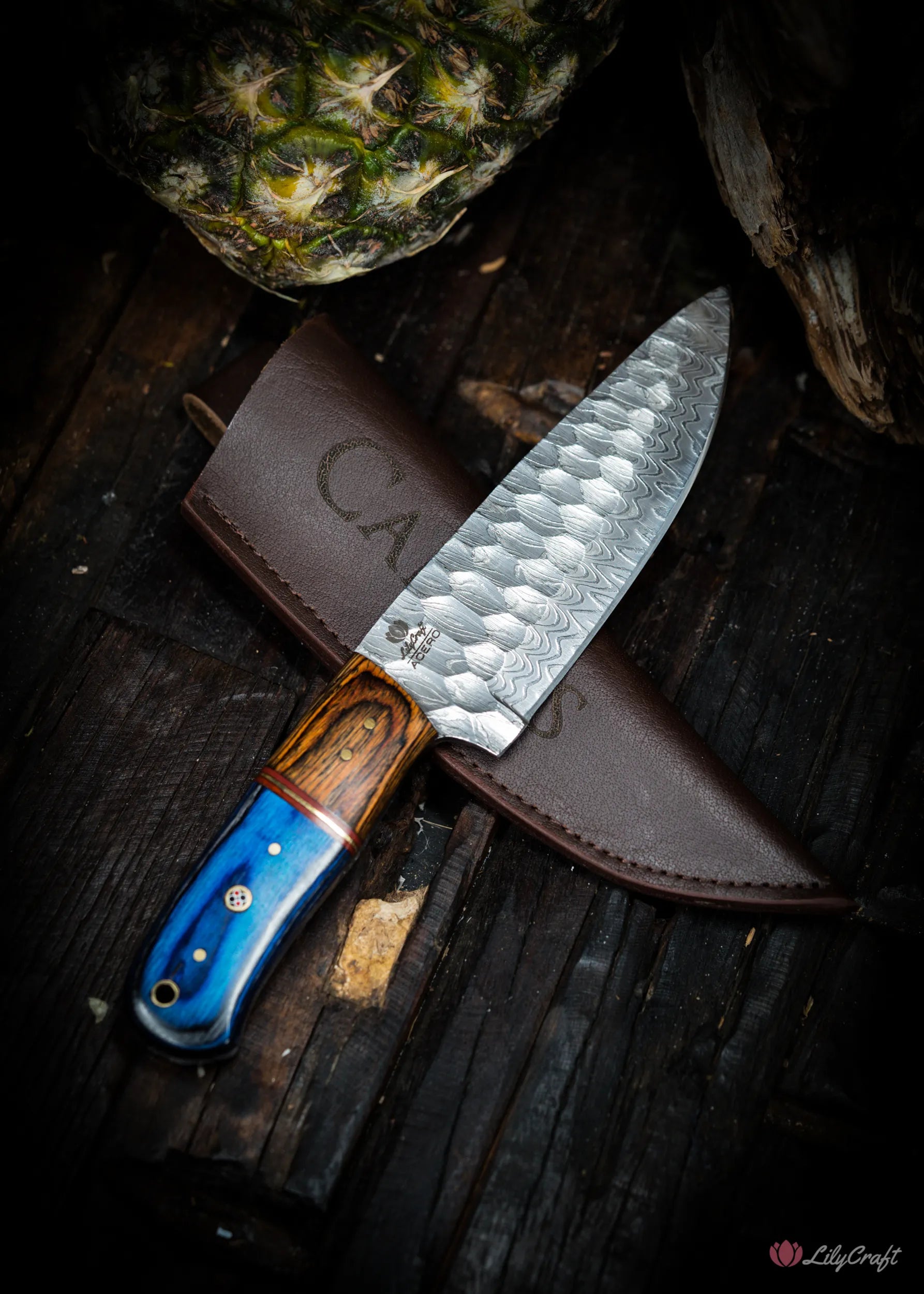 field chefs knife with personalised leather sheath