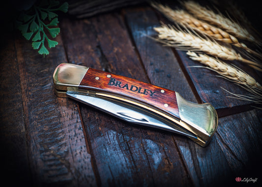 engraved wood and brass pocket knife gift for him
