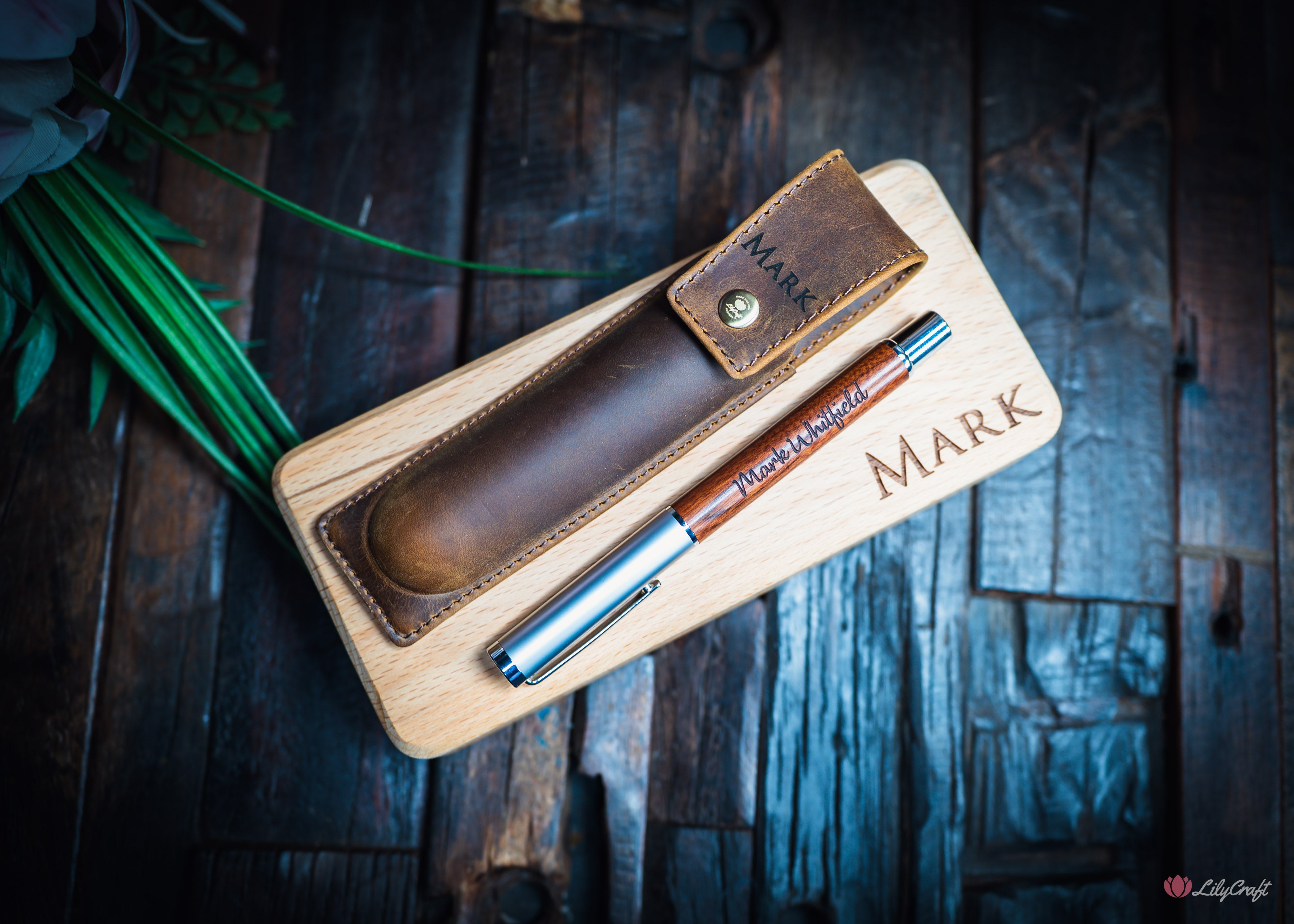 engraved wooden pen box