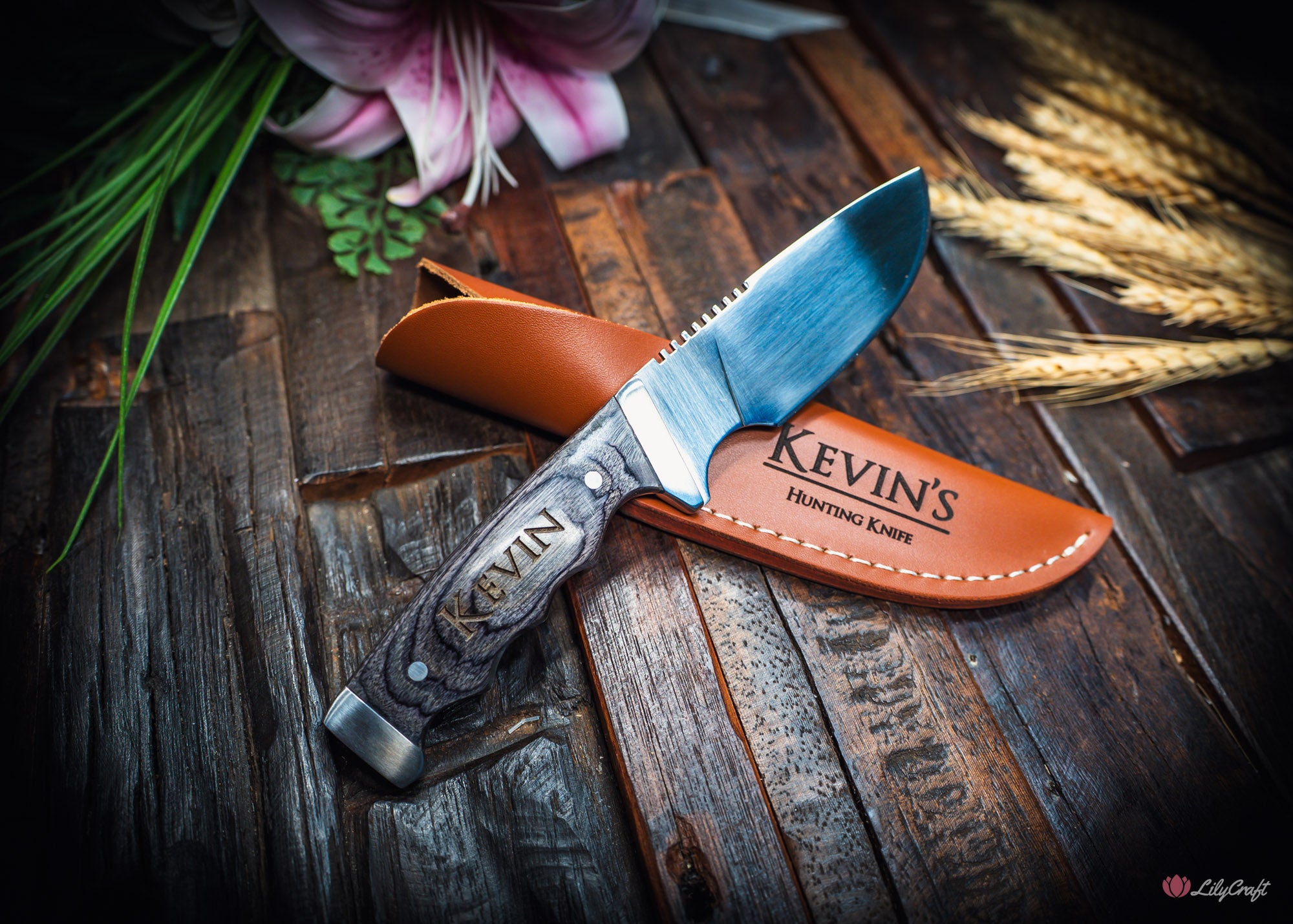 engraved outdoor knife with leather sheath australia