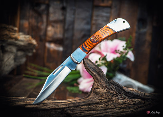 large folding pocket knife for men with custom initials