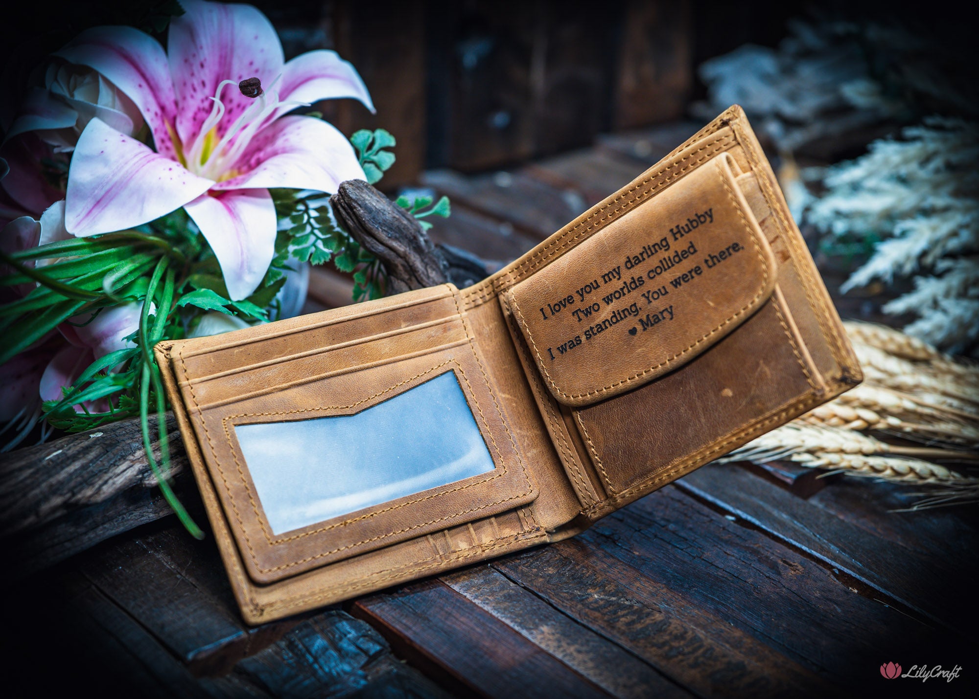 Large men’s wallet in vintage tan leather showing card slots, photo slot and engraving.