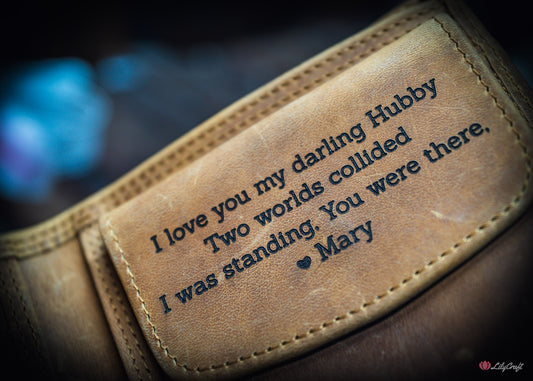 Large men’s leather wallet in tan cowhide with personalised message inside the coin pocket.
