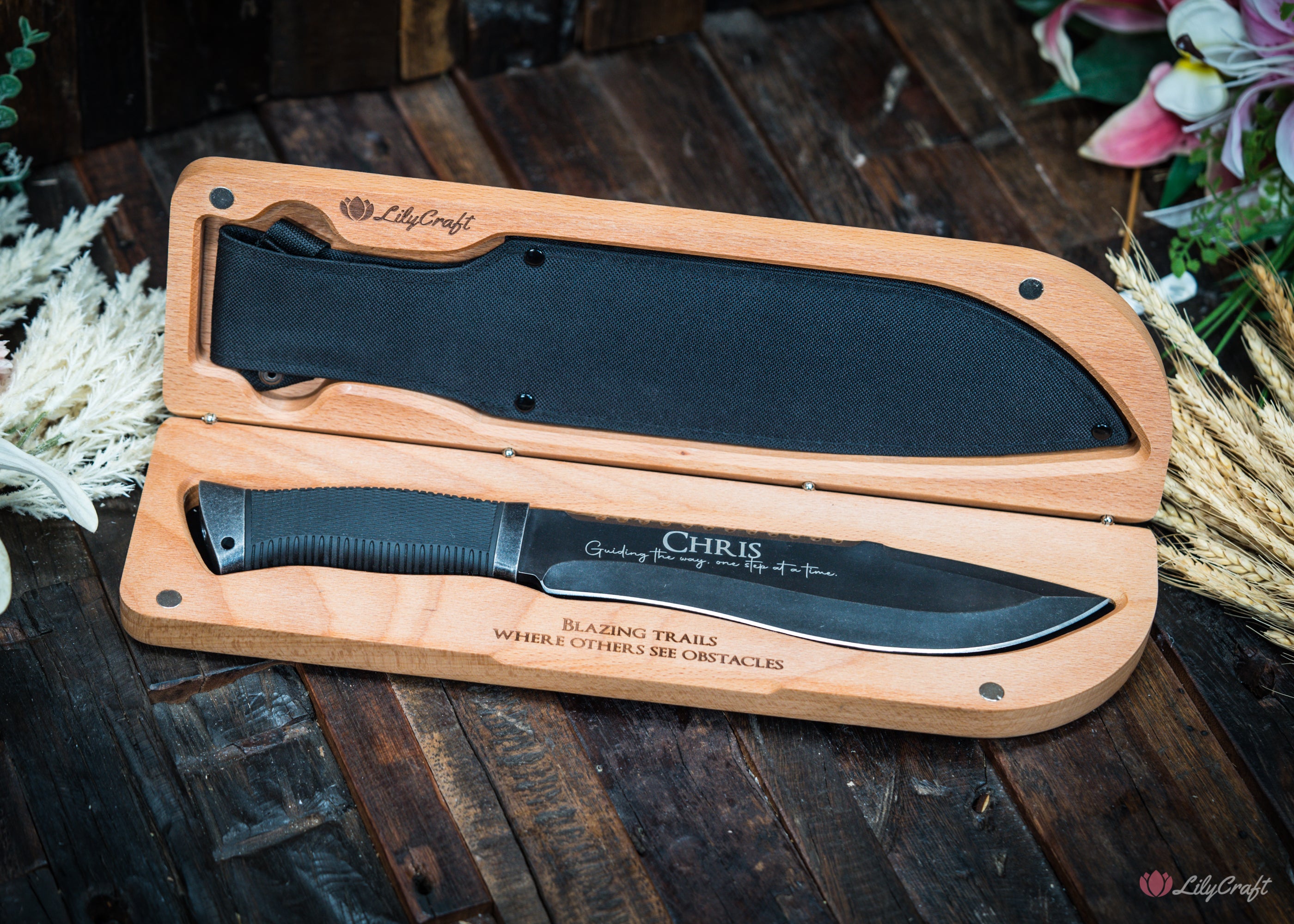 machete survival knife personalised with sheath and wooden box