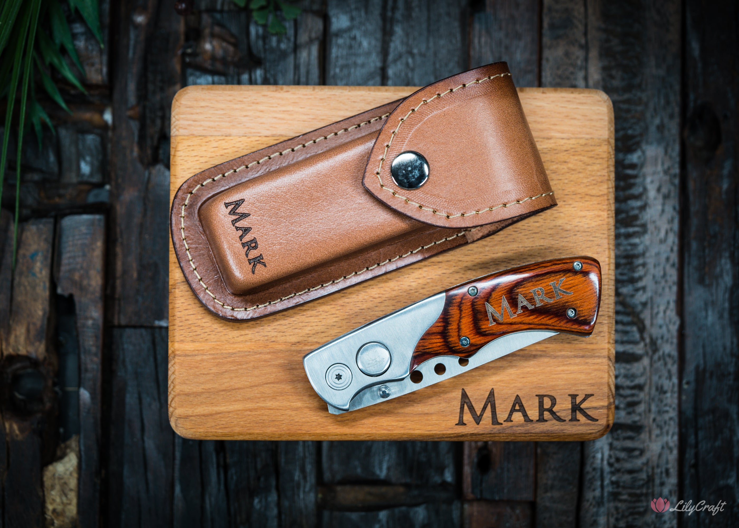 personalised pocker knife with leather sheath and wooden gift box - personalised