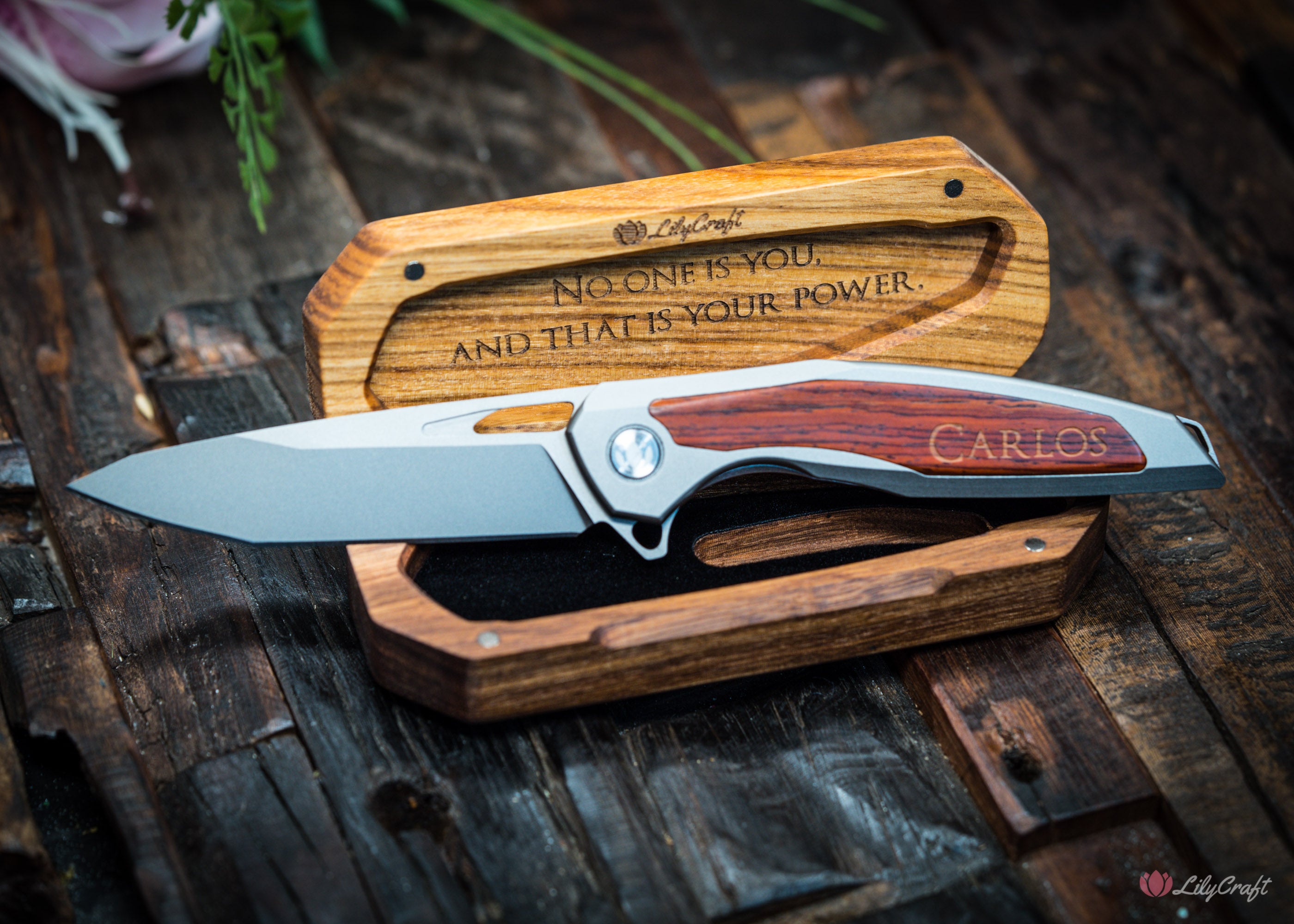 personalised flip knife with wooden inlay