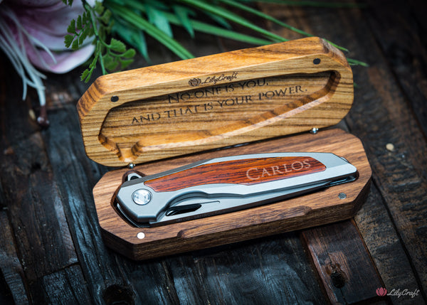 flip pocket knife with wooden gift box personalised