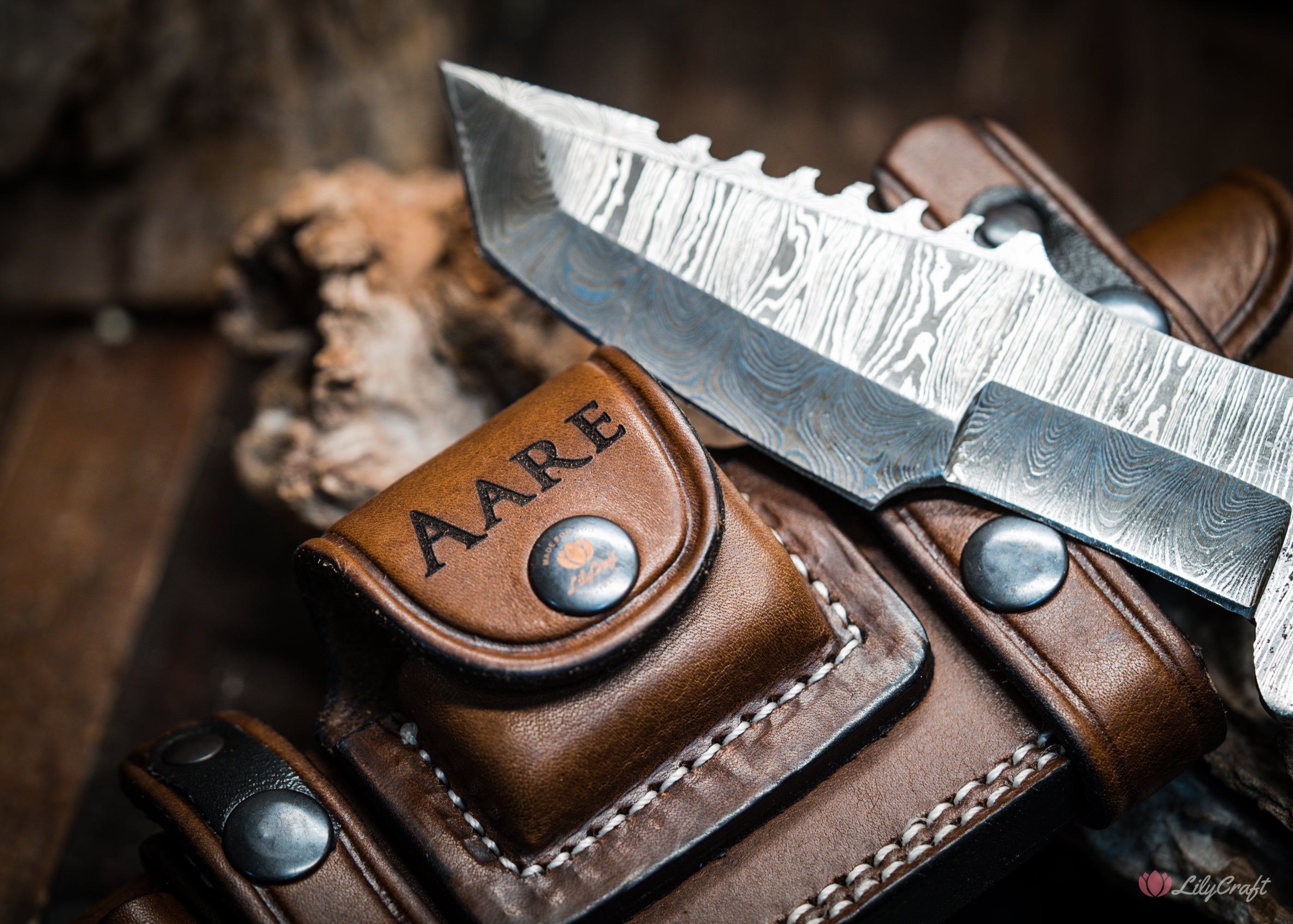 premium survival knife for hunting, hiking and bushcraft with personalised leather sheath