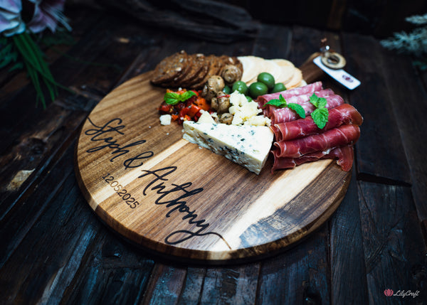 Personalised Wedding Cheese Board – Engraved Acacia, Rubberwood & Cherry