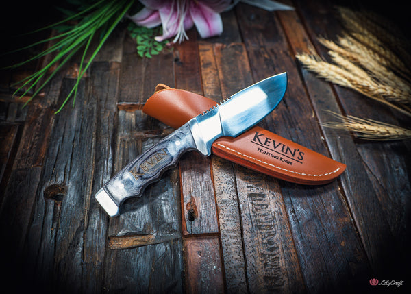 Personalised Hunting Knife – Ergonomic Full Tang Stainless Skinning Knife with Leather Sheath