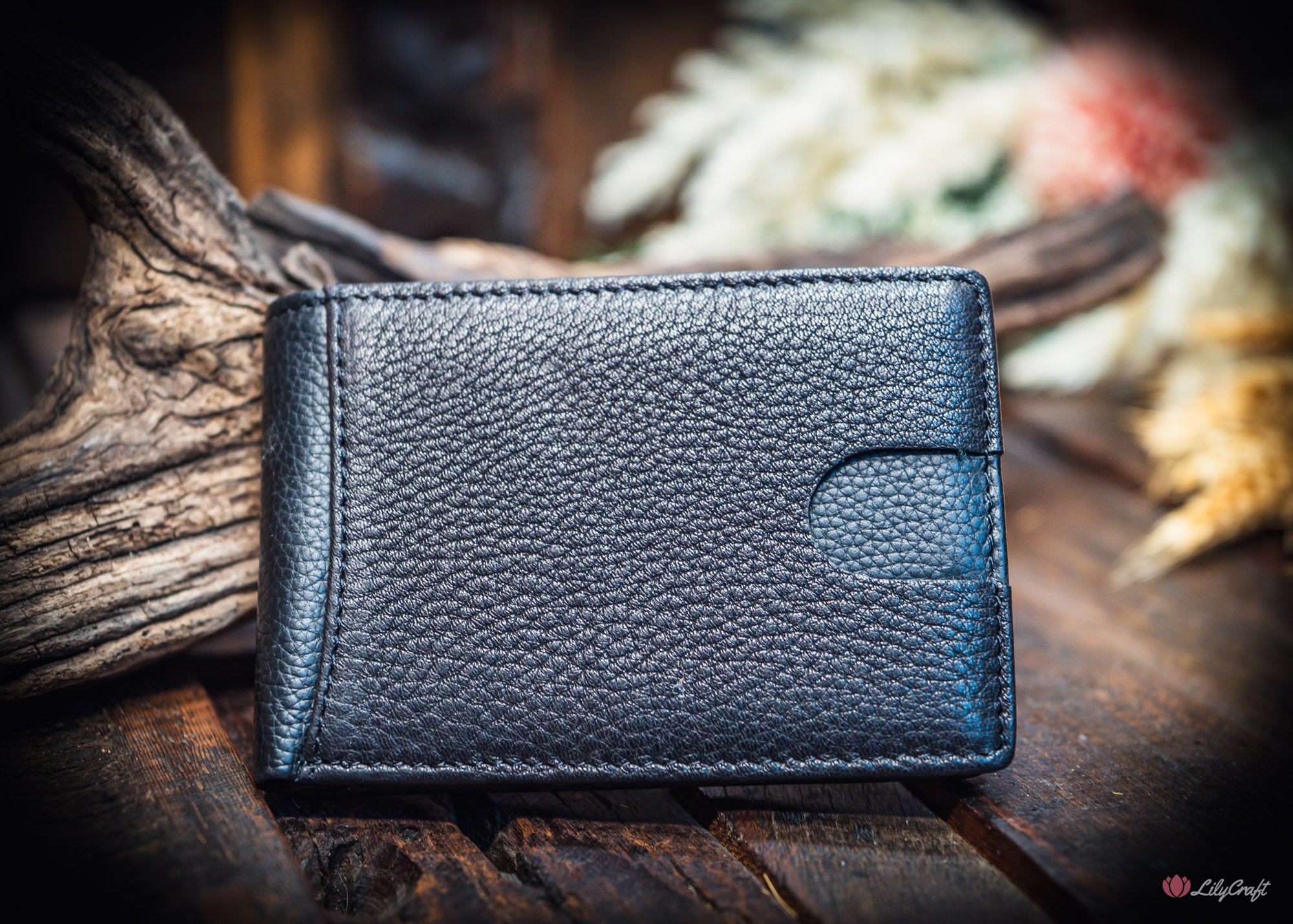 minimalist black leather wallet with textured grain