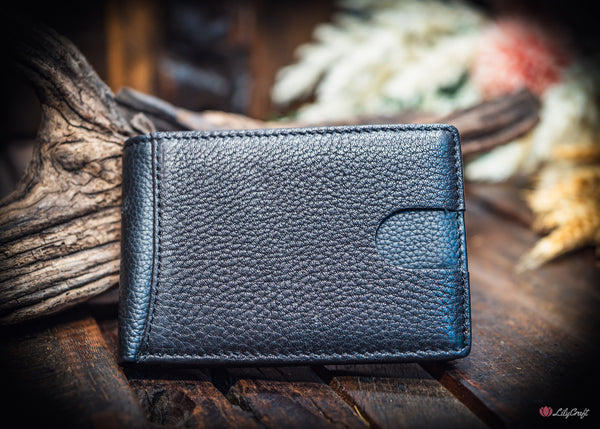 minimalist black leather wallet with textured grain