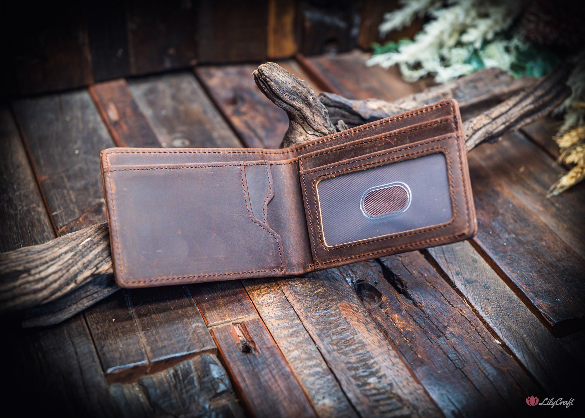 dark brown patina leather wallet for men with rfid