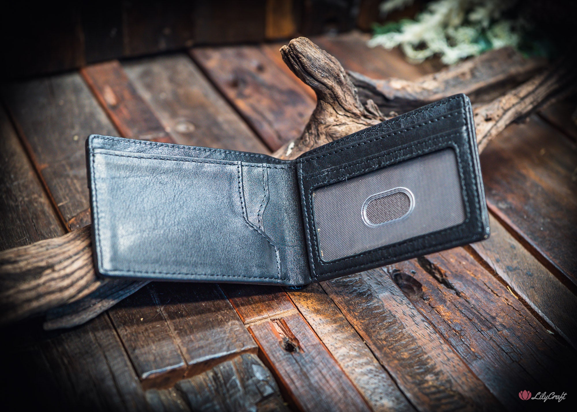 black pebbled leather wallet with personalised initials