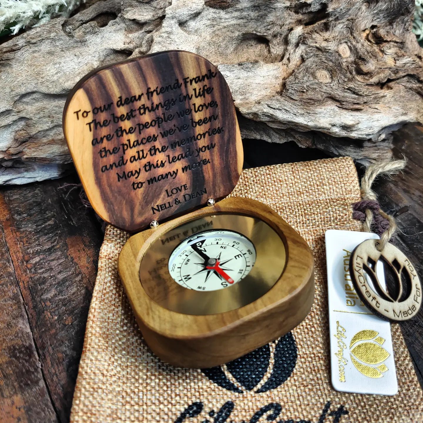 luxury Personalised wooden compass with custom engraving.
