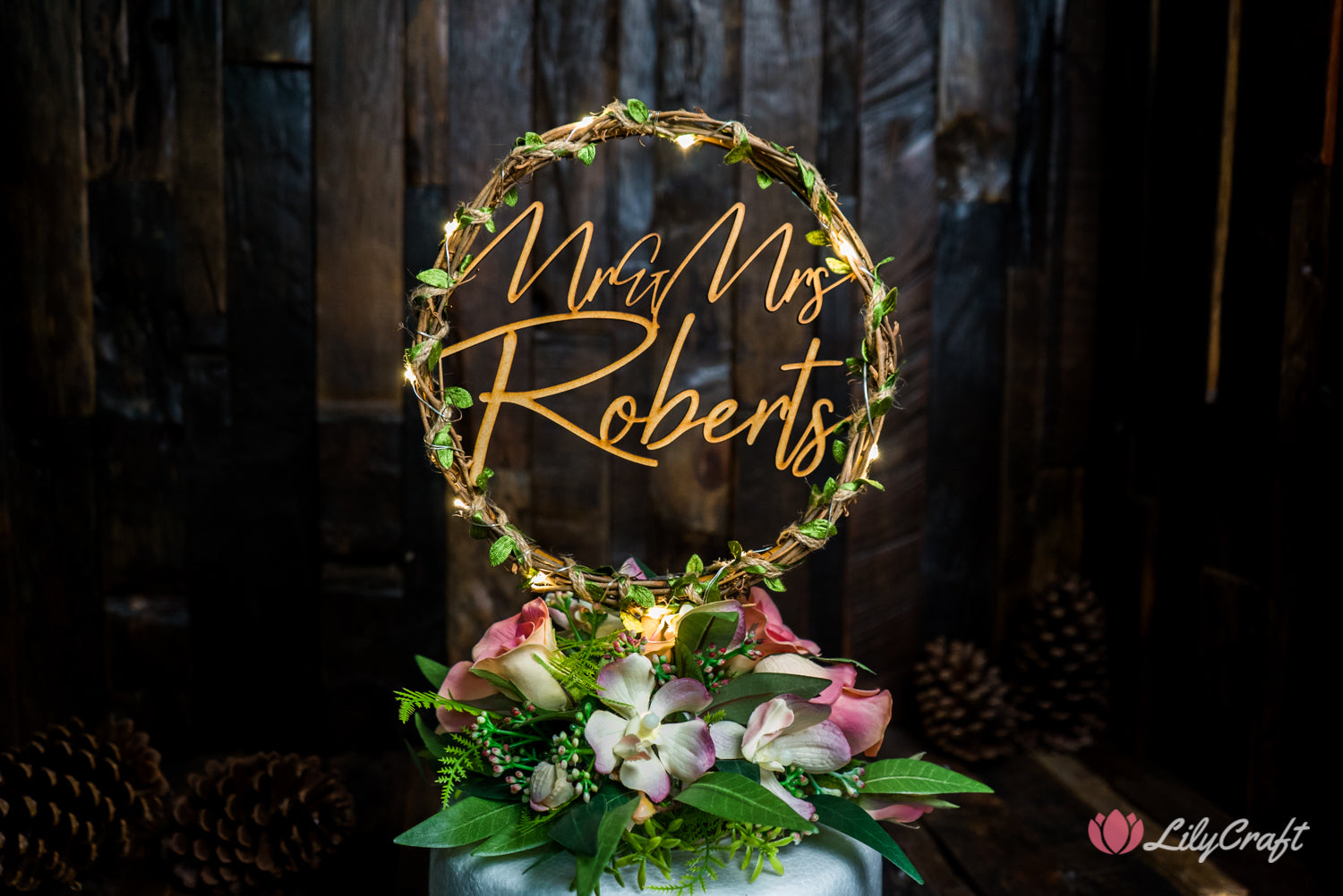 modern wreath wedding cake topper
