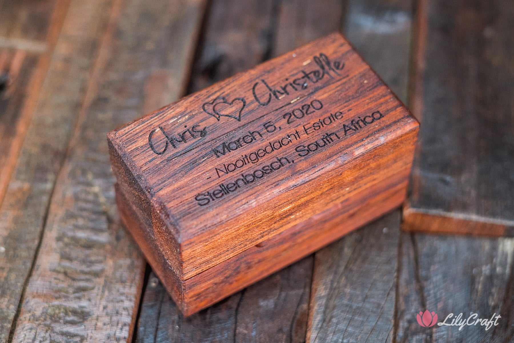 engraved hard wood wedding ring box