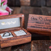 engraved double wedding ring box made of wood and white leather