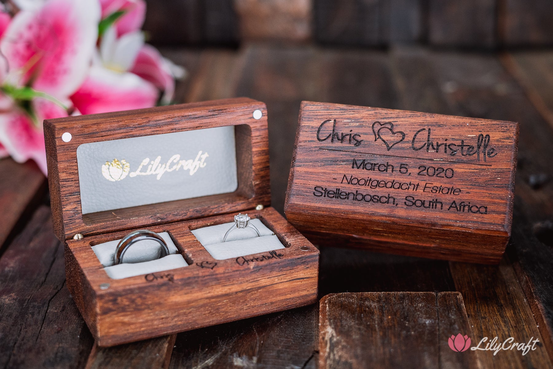 engraved double wedding ring box made of wood and white leather