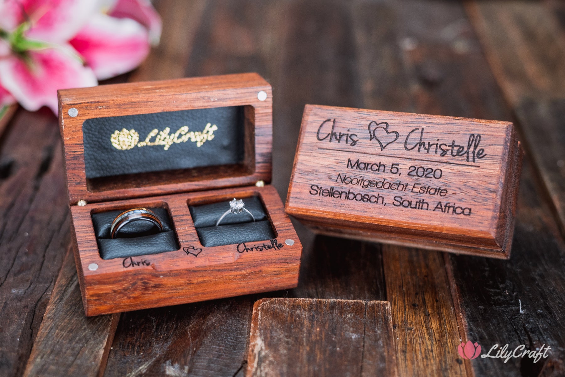 personalized wedding ring box with wood and black leather