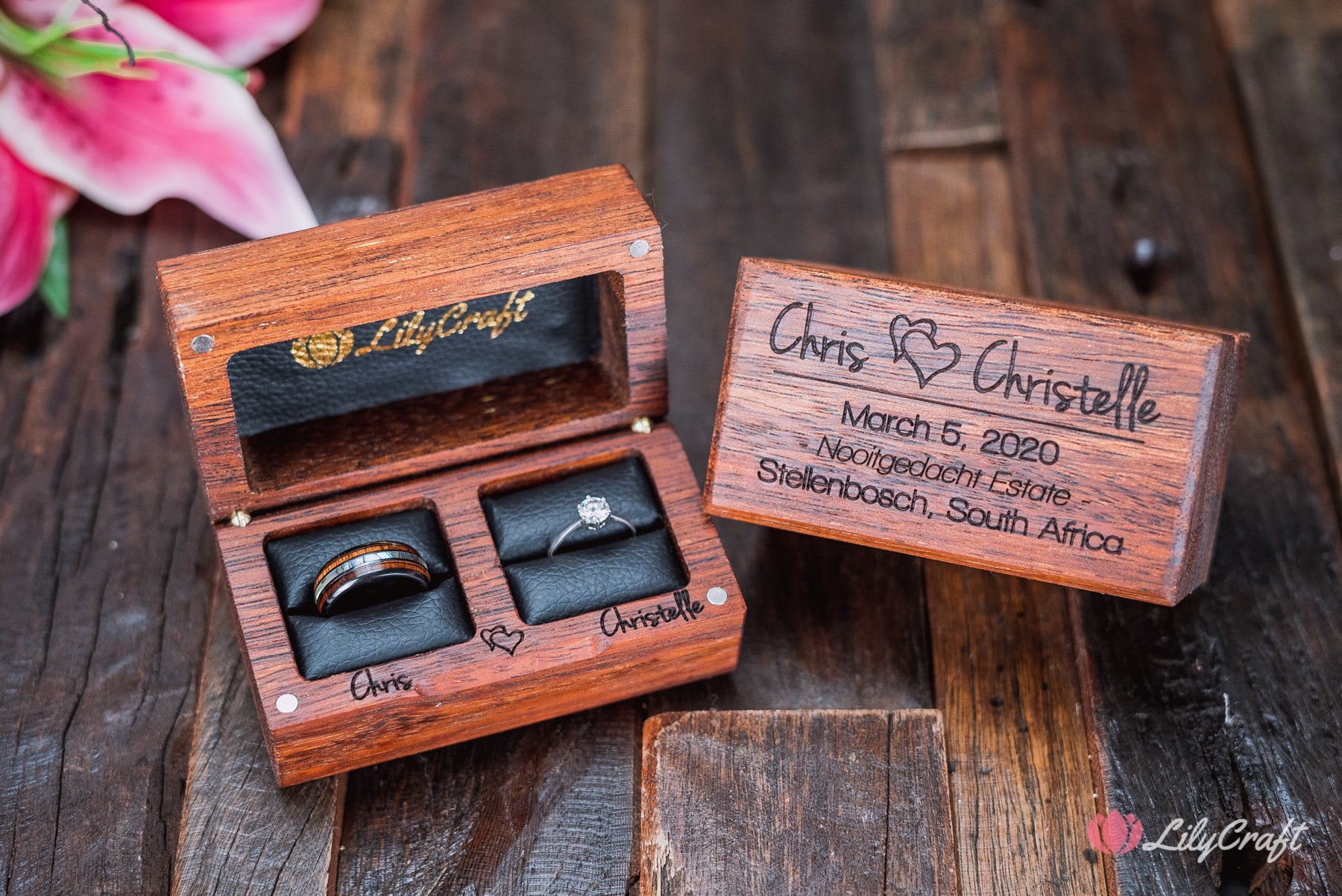 wooden jewelry ring box for two rings