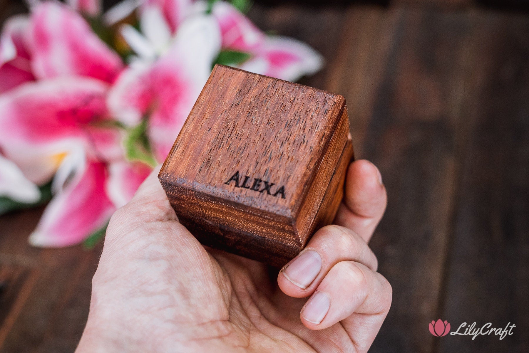 Small Engagement Ring Box. Wooden Engraved Wedding Proposal Ring Box.
