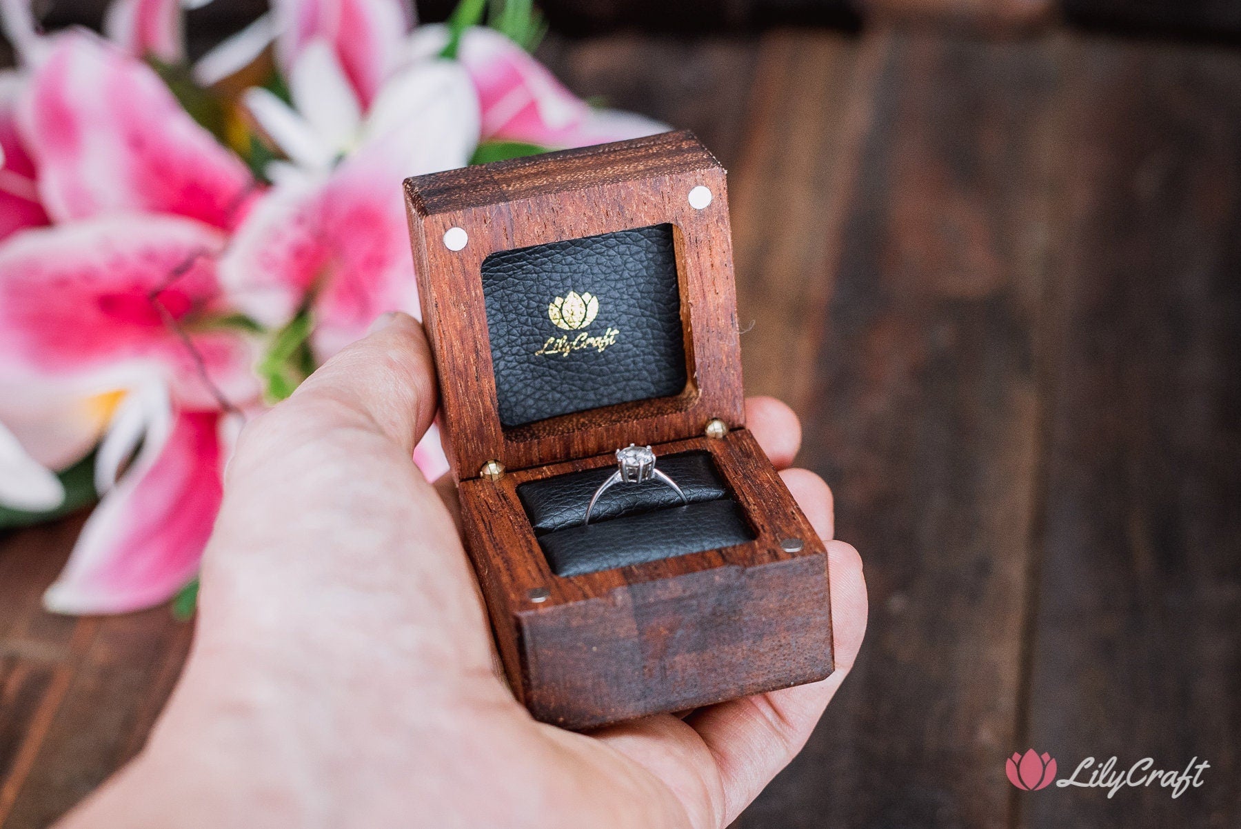 Small Engagement Ring Box. Wooden Engraved Wedding Proposal Ring Box.