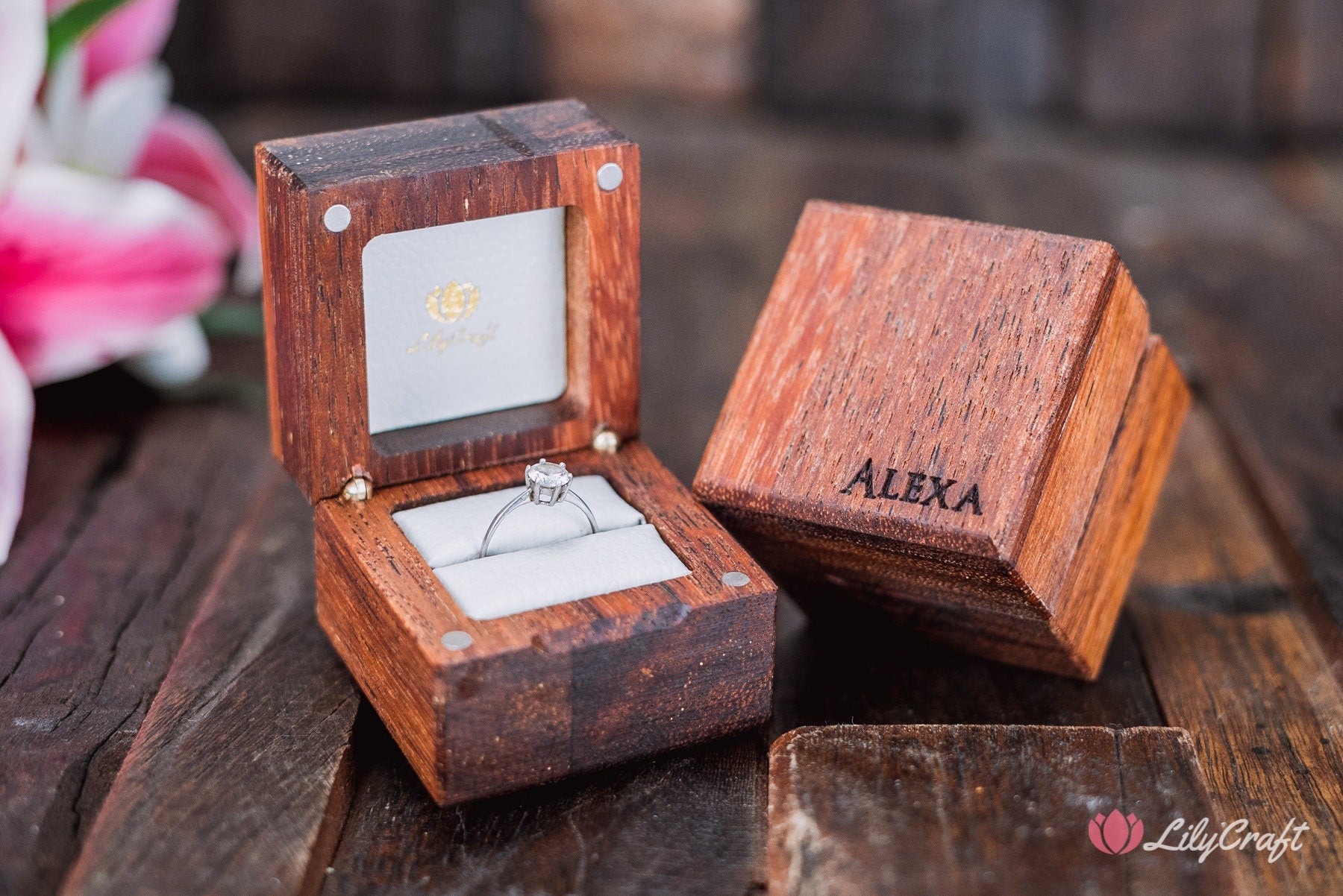 Small Engagement Ring Box. Wooden Engraved Wedding Proposal Ring Box.