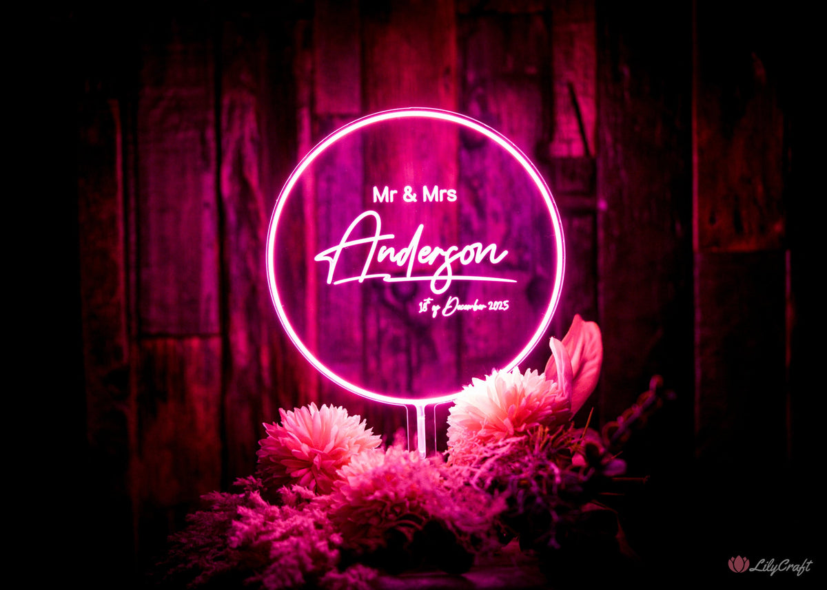 Modern Wedding Cake Topper - Pink Neon LED Light Up Topper
